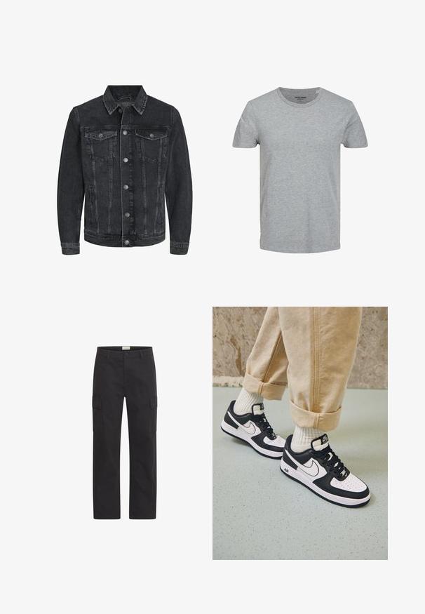 Veste en denim noir au design classique avec un col pointu, une fermeture à boutons sur le devant, deux poches poitrine et des poches latérales.; T-shirt gris à manches courtes en coton doux. Doté d'un col ras du cou classique et d'une coupe régulière. Design simple sans motifs ni accents.; Pantalon cargo noir à jambes droites avec poches à rabat sur les côtés et fermeture avant par bouton et fermeture éclair, présenté sur un fond blanc.; Baskets Nike Air Force 1 en noir et blanc avec un dessus en cuir, orteil perforé et détail de semelle texturée, portées avec un pantalon beige retroussé et des chaussettes blanches.