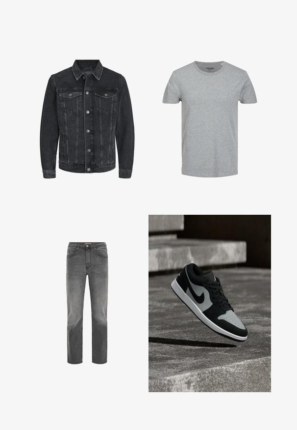 Sort denimjakke med et klassisk design, der har en spids krave, frontknaplukning, to brystlommer og sidelommer.; Grå kortærmet T-shirt lavet af blød bomuld. Har en klassisk rund halsudskæring og en regulær pasform. Enkel design uden mønstre eller detaljer.; Drejede mænds jeans i falmet mørkegrå denim med frontlommer, bæltestropper og knappelukning.; Sort og grå Nike-sneaker svæver over en tekstureret betonoverflade med stentrin i baggrunden.