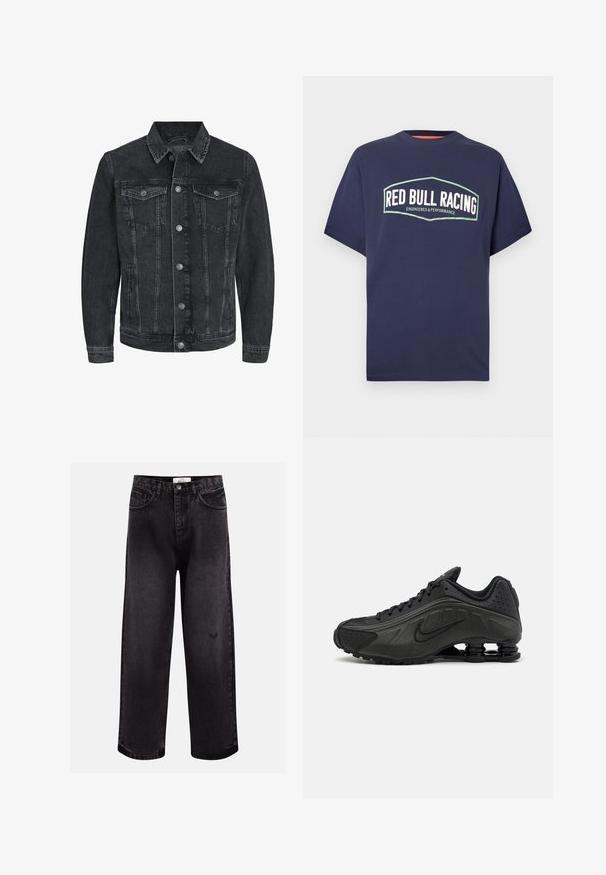 Zwarte denimjack met een klassiek ontwerp, voorzien van een puntenkraag, knoopsluiting aan de voorkant, twee borstzakken en zijzakken.; Marineblauw katoenen T-shirt met een wit-groen "RED BULL RACING" logo, korte mouwen en een ronde hals.; Zwarte denim jeans met een wijde pijp, voorzien van vijf zakken, een gestikt tailleband en een subtiele logo-detail bij de knie.; Zwarte hardloopschoenen met een glad bovenwerk van synthetisch materiaal, geperforeerde accenten, gestructureerde zijpanelen en een opvallende veerkrachtige zool.