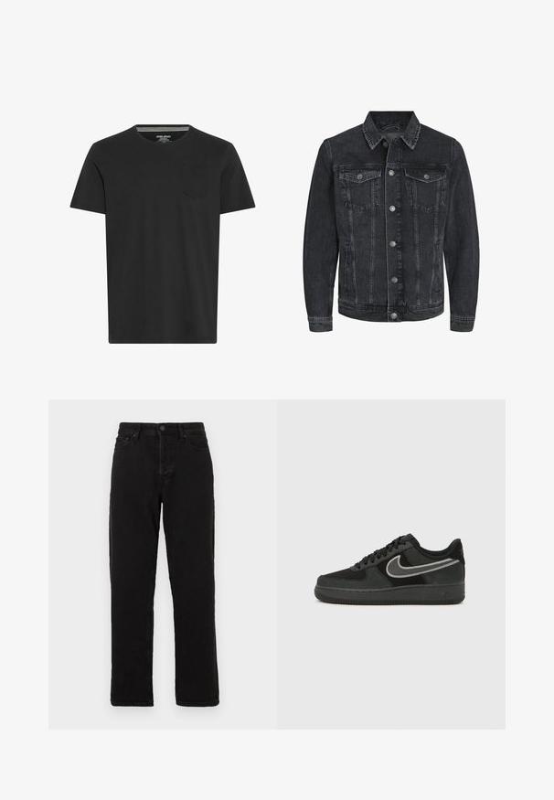 Sort denimjakke med et klassisk design, der har en spids krave, frontknaplukning, to brystlommer og sidelommer.; Sort kortærmet T-shirt lavet af bomuld. Har en rund hals og en lille lomme på venstre bryst. Glat tekstur og simpelt design.; Sorte denim jeans med lige ben design, der har knaplukning, bæltestropper og klassisk fem-lomme stil.; Nike Air Force 1 sneaker i sort ruskind og læder med en sølvfarvet swoosh, rund tå, snørebånd og tekstureret gummiydersål.