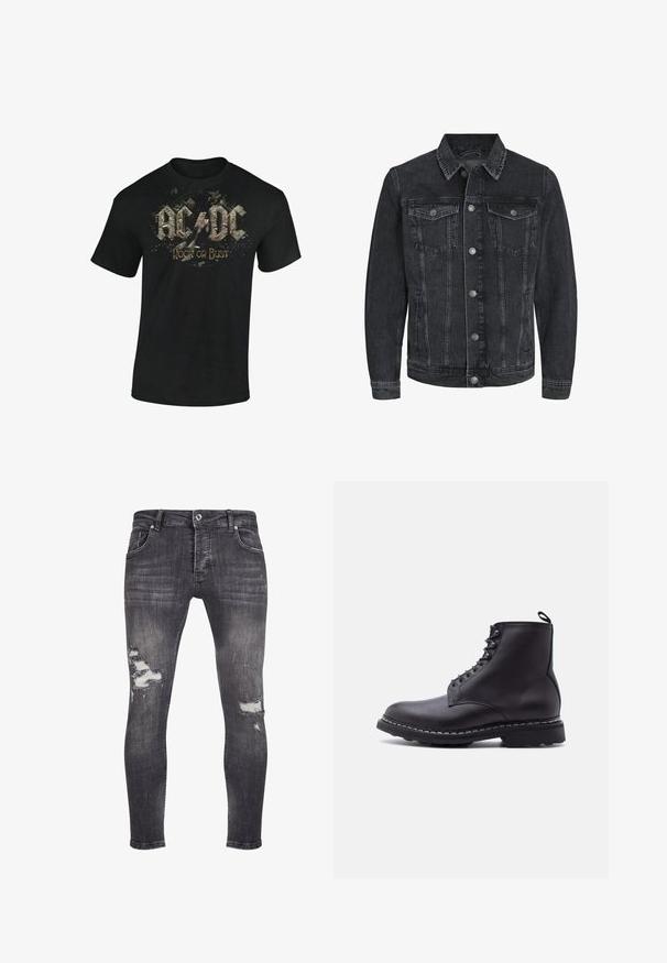 Chaqueta de mezclilla negra con un diseño clásico, cuello puntiagudo, cierre frontal de botones, dos bolsillos en el pecho y bolsillos laterales.; Camiseta de algodón negra con un estampado gráfico de "AC/DC" y "Rock or Bust" en letras estilizadas desgastadas con acentos de salpicadura.; Jeans de mezclilla negra con un corte ajustado, con detalles desgastados y rotos deshilachados en las rodillas, y un diseño estándar de cinco bolsillos.; Botín de cuero negro con cordones, suela gruesa y tira para tirar en la parte trasera, mostrado de perfil sobre un fondo blanco.