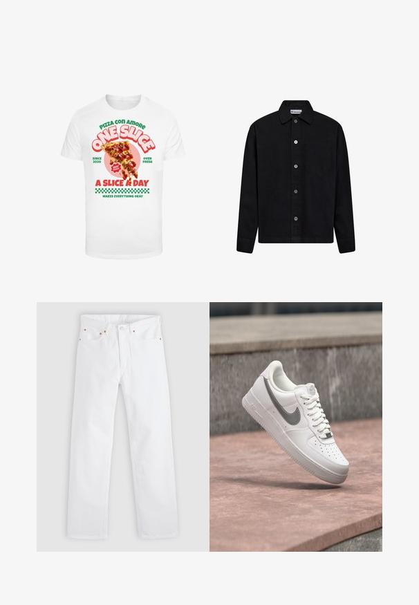 Sort knap-op-skjorte lavet af bomuld med krave, en enkelt brystlomme og sølvknapper foran. Glat tekstur.; Hvid t-shirt med grafisk print af en pizzaslice med pepperoni, ledsaget af farverig tekst og et ternet mønster nederst.; Hvide jeans med lige ben, fem-lomme design, knap- og lynlåslukning samt kobbernitdetaljer på lommerne.; Hvid Nike Air Force 1 sneaker med gråt swoosh-logo svævende over en stensurface og en grå stenvæg i baggrunden.