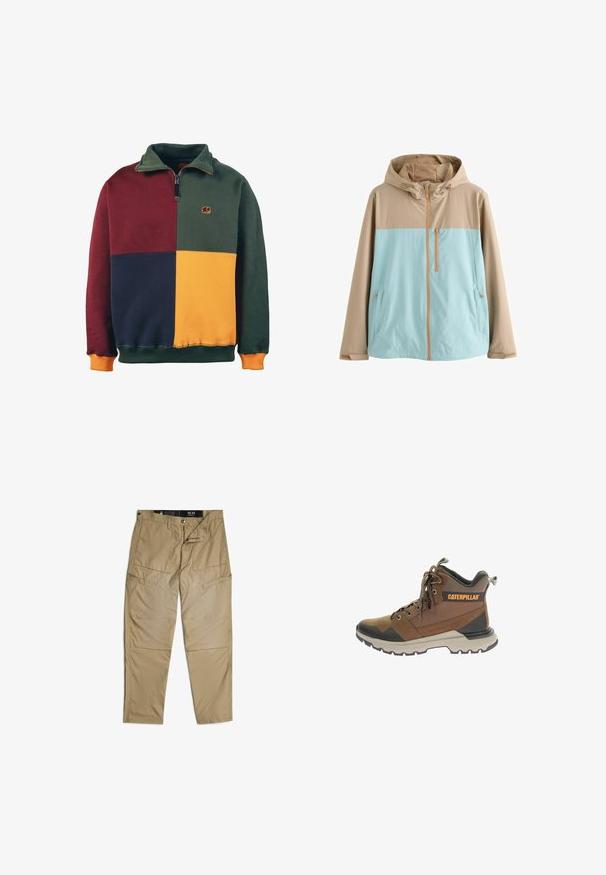 Beige en lichtblauw gewatteerd jack met capuchon, voorrits, een borstzak met rits en steekzakken met rits, ontworpen voor buitenactiviteiten.; Kleurenblokkering sweatshirt met groene, bordeauxrode, marineblauwe en mosterdsecties. Ritsontwerp met een olifantenlogo op de borst. Zachte textuur.; Beige cargobroek met een recht model, gemaakt van lichtgewicht materiaal. Voorzien van meerdere zakken en versterkte stiknaden. Maat 32/34.; Bruine wandelschoen met een gestructureerde bovenkant, stevige veters en een opvallend logo. De zool is ontworpen voor grip met een robuust patroon.