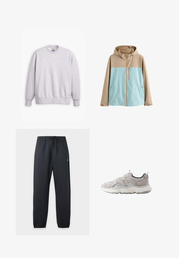Beige og lyseblå hættejakke med frontlynlås, lynlåslomme på brystet og lynlåslommer i siderne, designet til udendørs brug.; Grå sweatshirts med rund halsudskæring, lange ærmer, ribbede manchetter og kant. Har et lille "Levi's" logo i lysegul på forsiden.; Sorte elastiske sweatpants med snøre i taljen og manchetter ved anklerne, vist mod en ensartet lys baggrund.; Lysegrå og hvide atletiske sneakers med mesh- og ruskindspaneler, snørelukning, polstret sål og trækflapper på tunge og hæl.