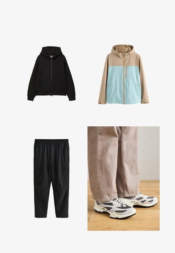 Beige en lichtblauw gewatteerd jack met capuchon, voorrits, een borstzak met rits en steekzakken met rits, ontworpen voor buitenactiviteiten.; Zwarte zip-up hoodie met een capuchon, twee voorzakken, ribgebreide mouwen en onderrand. Gemaakt van zachte stof met een minimalistisch ontwerp en subtiele logo-details.; Zwarte broek met elastische taille, zijzakken met rits en een losse pasvorm, ontworpen voor casual of sportief gebruik.; Persoon in beige wijde broek en grijs-witte sport sneakers staat op houten vloer.