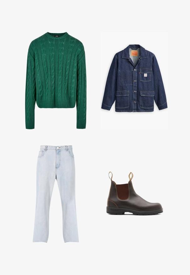 Levi's® Workwear ENIGNEER - Chaqueta fina - me again; Suéter verde de punto trenzado con cuello redondo y mangas largas. Presenta un diseño corto y un patrón texturizado en toda la prenda.; Vaqueros de mezclilla azul claro con piernas rectas, cierre delantero con botón y cremallera, y diseño de cinco bolsillos.; Botas Chelsea de cuero marrón con paneles laterales elásticos y tiradores. Parte superior texturizada, suela de goma duradera y detalle de costura en contraste.