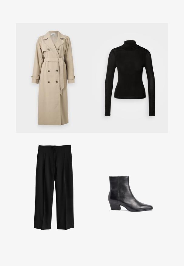 Beiger langer Trenchcoat mit doppelreihigen Knöpfen, weitem Revers, tailliertem Gürtel und geknöpften Manschetten vor einfarbigem Hintergrund.; Schwarzes Rollkragenoberteil aus einem leichten, dehnbaren Material. Verfügt über lange Ärmel und eine figurbetonte Silhouette ohne sichtbare Nähte.; Schwarze, weit geschnittene Hosen mit vorderen Falten und einem Tunnelzug in der Taille, aus glattem Stoff.; Schwarze Lederankelstiefel mit spitzer Zehe, mittlerem Blockabsatz und glatter Textur. Bietet ein minimalistisches Design ohne sichtbare Beschläge.