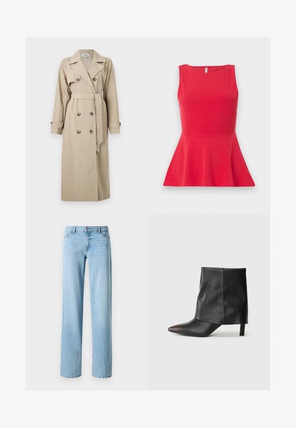 Beige lang trenchcoat med dobbeltradede knapper, brede reverser, bælte i taljen og knaplukning ved ærmekanter på ensfarvet baggrund.; Rød ærmeløs peplum-bluse med rund halsudskæring og figursyet talje, vist på ensfarvet baggrund.; Lysblå denimjeans, lige ben-design, med fem lommer og en frontlukning med knap. Glat tekstur med subtil falming.; Sort ankelstøvle lavet af glat læder med spids tå og tilspidset hæl. Overdelen har et let rynket design.