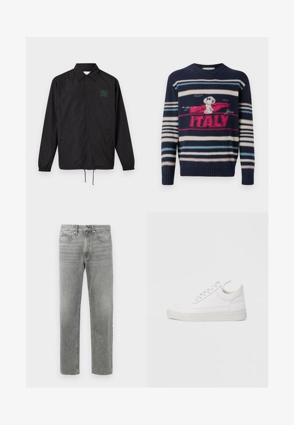Sort langærmet knapjakke med krave, to forlommer, elastiske manchetter, snøre i kanten og lille grønt logo på venstre bryst.; Iceberg MAGLIA GIROCOLLO - Striktrøje - blu classico; Grå denim jeans med lige ben, der har et klassisk fem-lomme-design og subtilt slid for tekstur. Standard lynlåslukning.; Hvid lædersneaker med rundet tå, flad sål og snørebånd foran. Har syningsdetaljer og polstret krave for komfort.