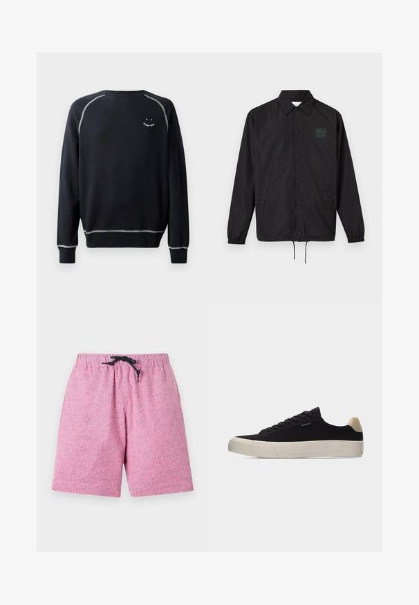 Zwart langarmig jack met knopen, kraag, twee voorzakken, elastische manchetten, trekkoorden onderaan en klein groen logo op de linkerborst.; Zwarte sweatshirt met een ronde hals, lange mouwen en contrasterende witte stiksels. Heeft een kleine grafische afbeelding op de borst. Zachte stofstructuur.; Roze patroon zwembroek met een elastische tailleband en zwarte koord. Het materiaal lijkt lichtgewicht met een gestructureerd oppervlak.; Zwarte lage sneaker met beige hielstuk, dikke witte rubberen zool, zwarte veters en een klein "PS Paul Smith" label aan de zijkant.