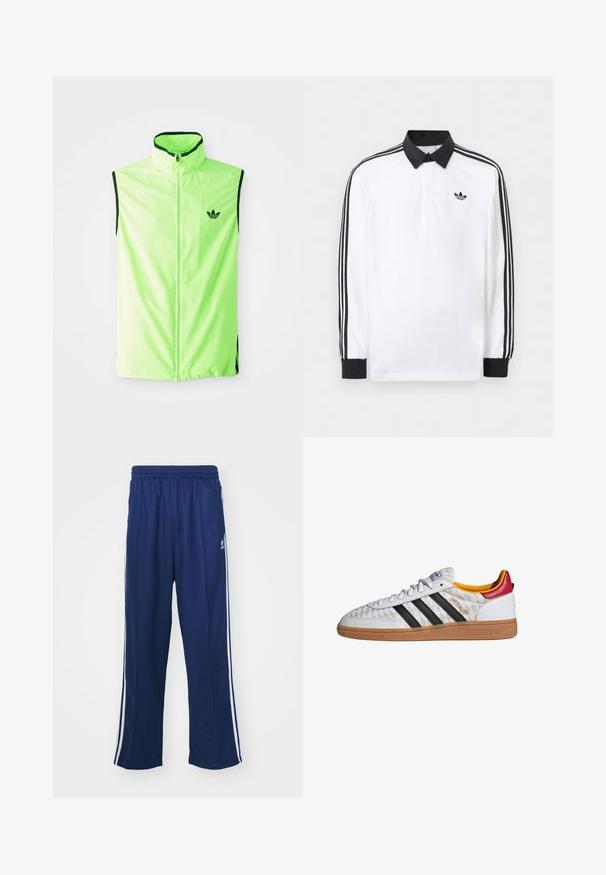 Neon grøn ærmeløs atletisk vest med frontlynlås, høj krave og sorte detaljer, der har et lille sort logo på venstre bryst.; Hvid langærmet polo med sort krave, sorte manchetter, sort tre-stribet design på ærmerne og sort Adidas-logo på brystet.; Marineblå sportbukser med en afslappet pasform, udstyret med hvide sidestativer og elastisk talje. Glat stof, ingen synlige mønstre eller hardware.; Hvid Adidas Spezial sneaker med sorte striber, gummisål, quiltet mønster, rød hælflap og gul inderfor, set fra siden.