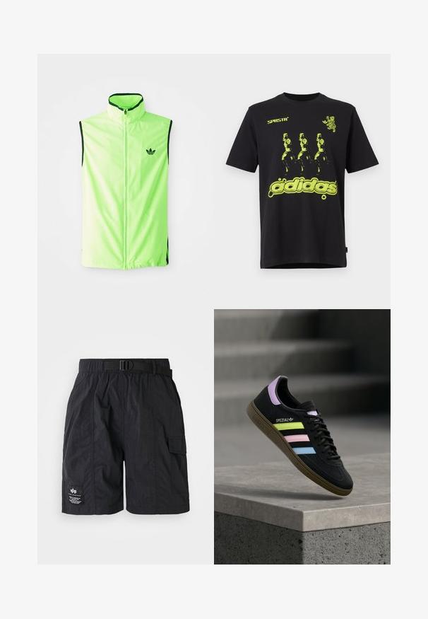 Chaleco atlético sin mangas de color verde neón con cremallera frontal, cuello alto y detalles en negro, que presenta un pequeño logo negro en el lado izquierdo del pecho.; Camiseta de algodón negra con un diseño gráfico brillante en verde que presenta tres figuras y el texto "adidas" en la parte inferior. Estilo de cuello redondo.; Pantalones cortos cargo negros hechos de tela ligera. Cuentan con una cintura elástica con cinturón, bolsillo lateral y una parche con logo en la pierna izquierda.; Zapatilla Adidas Spezial negra con rayas en amarillo pastel, rosa y azul, lengüeta trasera lavanda y suela marrón, flotando sobre un bordillo de cemento.