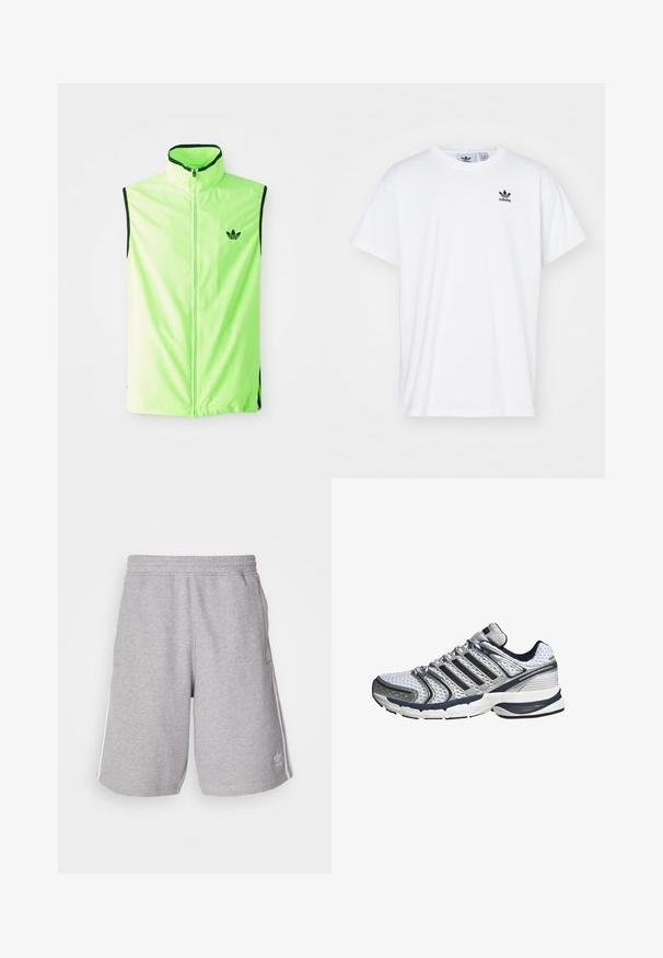 Neon grøn ærmeløs atletisk vest med frontlynlås, høj krave og sorte detaljer, der har et lille sort logo på venstre bryst.; Hvid bomulds T-shirt med korte ærmer, rund halsudskæring og et sort Adidas-logo med tre striber på venstre brystområde.; Grå sportshorts lavet af en blanding af bomuldsstof. Har sidelommer, elastisk talje og hvide sidestriber. Klassisk design.; Hvid og grå atletisk løbesko med mesh-overdel, sorte striber, polstret sål og snørelukning set fra siden.