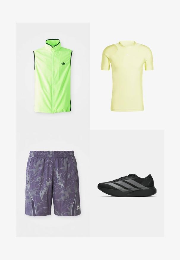 Gilet de sport sans manches vert fluo avec fermeture éclair sur le devant, col haut et accents noirs, arborant un petit logo noir sur la poitrine gauche.; T-shirt de sport à manches courtes, jaune, avec un col rond, fabriqué dans un tissu lisse, présentant des accents discrets aux épaules et un logo blanc.; Shorts de sport violets avec des motifs argentés abstraits, ceinture élastique, bandes latérales et logo Adidas en bas à droite de la jambe.; Chaussures de sport noires au design léger, présentant trois rayures grises marquées, une texture lisse et une semelle profilée.