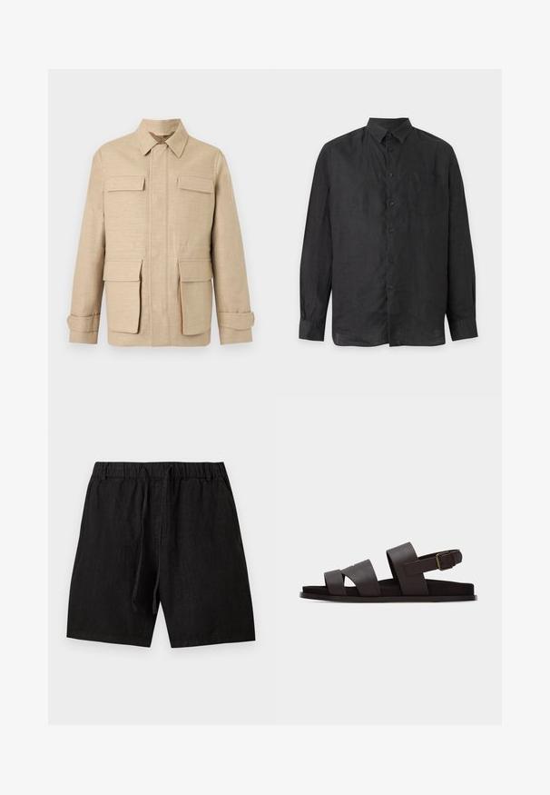 Veste beige à manches longues avec quatre poches à rabat, fermeture éclair avant dissimulée par une patte en tissu, et col classique sur un fond uni.; Chemise noire à manches longues avec boutons, poche poitrine gauche à l'avant et col classique, présentée sur un fond clair uni.; Shorts noirs décontractés avec taille élastique et cordon, longueur genou, en tissu léger.; Sandale en cuir marron foncé avec trois larges brides, une bride de cheville avec boucle réglable et une semelle plate sur fond blanc.