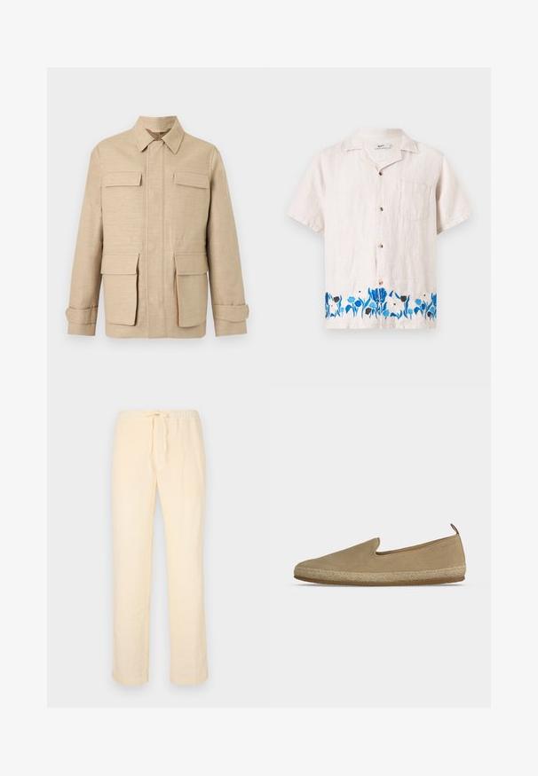 Veste beige à manches longues avec quatre poches à rabat, fermeture éclair avant dissimulée par une patte en tissu, et col classique sur un fond uni.; Chemise beige à manches courtes avec boutons sur le devant, poche poitrine et broderie florale bleue le long de l'ourlet inférieur.; Pantalons jaunes clairs, amples, en tissu doux, avec une taille élastique avec cordon de serrage et jambes droites.; Espadrille beige à enfiler avec dessus en daim, semelle intermédiaire en corde tressée, semelle extérieure en caoutchouc et languette au talon sur un fond clair uni.