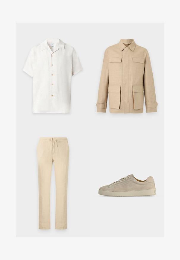 Veste beige à manches longues avec quatre poches à rabat, fermeture éclair avant dissimulée par une patte en tissu, et col classique sur un fond uni.; Chemise blanche à manches courtes avec boutons, motif floral subtil et col classique, affichée sur un fond uni.; Pantalon en lin beige à jambes droites, avec une taille élastique et un cordon de serrage frontal.; Baskets basses beiges en daim avec fermeture lacée et semelle épaisse en caoutchouc, vues de profil sur fond blanc uni.