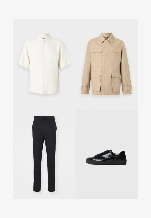 Veste beige à manches longues avec quatre poches à rabat, fermeture éclair avant dissimulée par une patte en tissu, et col classique sur un fond uni.; Chemise blanche à manches courtes, boutonnée, avec un motif texturé subtil et un col pointu, présentée sur un fond clair uni.; Pantalons noirs fuselés en tissu doux. Dotés d'une taille à cordon de serrage et de poches latérales avec une texture lisse.; Baskets en cuir verni noir avec un bout arrondi, un laçage, une semelle en caoutchouc texturé et une finition lisse.