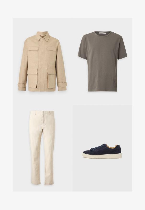 Veste beige à manches longues avec quatre poches à rabat, fermeture éclair avant dissimulée par une patte en tissu, et col classique sur un fond uni.; T-shirt vert olive à manches courtes avec col rond et une petite étiquette rectangulaire près de l'ourlet inférieur du côté gauche.; Pantalon slim beige avec passants de ceinture et fermeture éclair à l'avant, présenté sur un fond neutre.; Baskets basses en suede bleu marine avec bout arrondi, semelle en caoutchouc blanc cassé et lacets assortis ; dotées d'une doublure intérieure contrastante couleur tan.