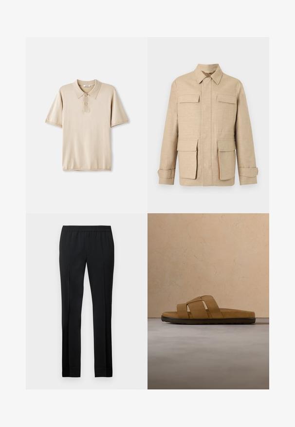 Beige langärmelige Jacke mit vier Klappentaschen, vorderem Reißverschluss, der von einer Stoffblende verdeckt wird, und klassischem Kragen auf einfarbigem Hintergrund.; Beige Poloshirt mit Kragen und dreiknopfiger Leiste. Kurze Ärmel, weiche Textur und gerader Saum. Minimalistisches Design.; Schwarze Hose mit elastischem Bund, geraden Beinen und glatter Textur. Besitzt klare Linien und keine sichtbaren Taschen oder Verzierungen.; Brauner Wildleder-Pantoletten-Slipper mit schwarzer Sohle, der über einem beigen strukturierten Teppich schwebt, im Hintergrund ein runder Couchtisch aus Holz und ein Sofa.