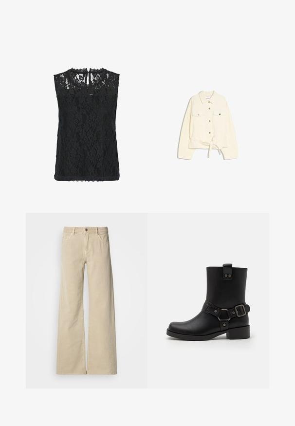 Flødefarvet denimjakke med knapper foran, brystlommer med klap, lange ærmer, krave og et bælte bundet i taljen.; Sort blonde ærmeløs top med blomster mønster, scallopet halsudskæring og nøglehul bagpå. Letvægtsstof med tekstureret overflade.; Beige højtaljede bukser med vide ben, forrest med knap, lynlås, bæltestropper og stil med fem lommer.; Sort læder ankelstøvle med firkantet tå, rund hæl, dekoreret strop og spænde detaljer samt metal accenter. Glat tekstur.