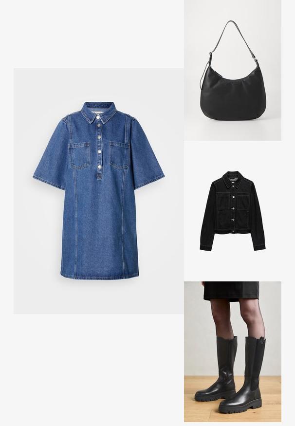 Sort denimjakke med lange ærmer, knapper foran, to brystlommer og en klassisk krave, lagt fladt på en hvid baggrund.; Denimkjole med krave, korte ærmer, knaplukning foran og to brystlommer. Har en mørkeblå vask og en lige pasform.; Sorte knæhøje støvler med en glat læderoverflade, elastiske sidedele og en kraftig gummisål med et struktureret mønster.; Sort hobo-taske lavet af glat, holdbart materiale. Har en enkelt justerbar rem og et subtilt præglogo på forsiden.