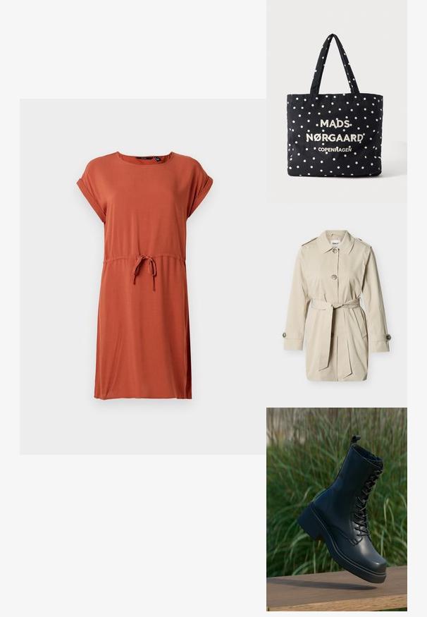 Beige trenchcoat i mellem længde med krave, tre knapper, bælte bundet om taljen, knappede manchetter og skulderepauletter.; Rustfarvet kjole lavet af blødt stof, med en rund halsudskæring, korte rullede ærmer og en snøre i taljen til justering.; Sorte læder ankelstøvler med rund tå, snørebånd foran og tyk, chunky hæl. Har detaljeret syninger og en glat overfladetextur.; Sort tote taske med hvide prikker, med teksten "MADS NØRGAARD COPENHAGEN" i hvid på forsiden og to skulderremme.