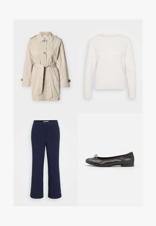 Trench-coat beige mi-long avec col, trois boutons, ceinture nouée à la taille, poignets boutonnés et épaulettes.; Pull en tricot blanc avec des manches longues, un col rond et un ourlet côtelé. Texture douce avec un aspect légèrement duveteux. Aucune motif visible.; Pantalons évasés bleu marine avec une finition en tissu lisse, dotés d'une taille plate et sans coutures ni ornements visibles.; Ballerines en cuir noir avec un bout rond, un petit nœud décoratif sur le devant et un petit talon rectangulaire. Texture lisse.