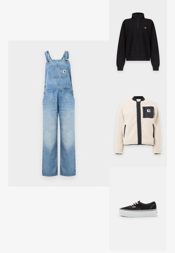 Beige fleecejakke med svart glidelås og lomme. Har en myk tekstur, ribbet krage og elastiske mansjetter. Inkluderer et logomerke på brystet.; Lys blå denim-dresser med justerbare skulderstropper, brystlomme foran med logoemblem og vide bukseben.; Svart langermet genser med kvartglidelås i kragen og liten flerfarget logo på venstre bryst, ribbestrikkede mansjetter og kant nederst.; Sorte lerretsnesko med hvit gummiplattformsåle, med hvite snørebånd og søm, ikonisk merkevare på siden, lavt design.