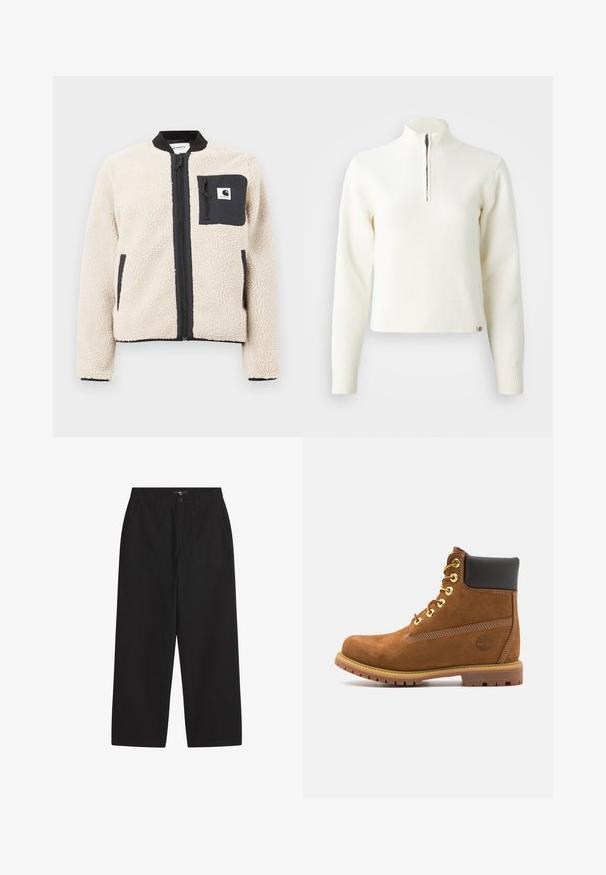 Beige Fleece-Jacke mit einem schwarzen Reißverschluss und Tasche. Sie verfügt über eine weiche Textur, einen gerippten Kragen und elastische Ärmelbündchen. Mit einem Logo-Patch auf der Brust.; Weißer Sweater mit Reißverschluss am Hals und langen Ärmeln. Aus weichem Strickmaterial gefertigt, mit gerippten Bündchen und Saum. Dezentes Markenlogo am Saum.; Schwarze weit geschnittene Baumwollhosen. Mit Knopfverschluss, zwei frontalen Taschen und einer glatten Textur. Einfaches Design ohne Muster.; Braune Wildleder-Stiefelette mit schwarzem gepolstertem Kragen, goldenen Ösen, Schnürung an der Vorderseite und Gummisohle mit strukturiertem Muster.