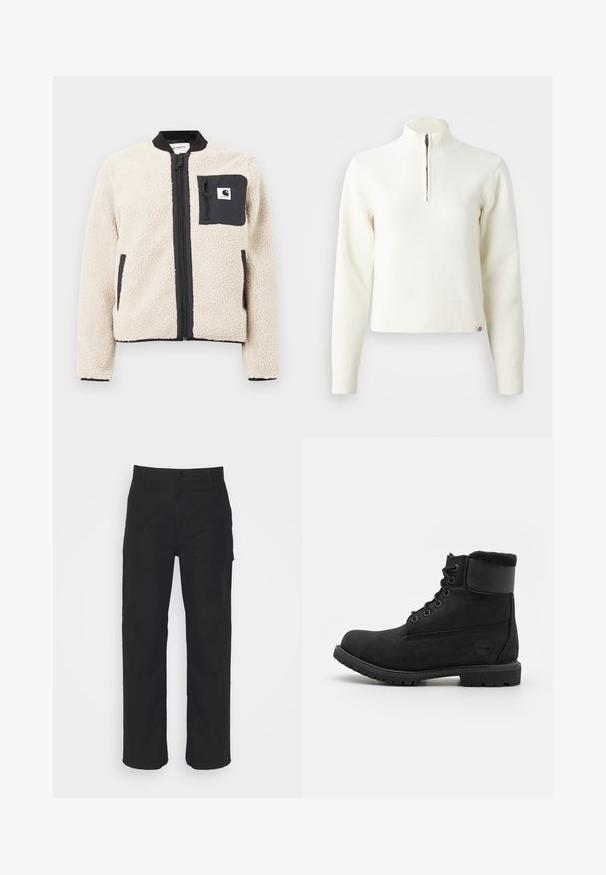 Veste en polaire beige avec une fermeture éclair et une poche noires. Présente une texture douce, un col côtelé et des poignets élastiques. Comprend un patch logo sur la poitrine.; Pull-over blanc à col zippé et manches longues. Fabriqué en matériau tricoté doux, avec des poignets et un ourlet côtelés. Logo de la marque subtil à l'ourlet.; Pantalons en coton noir avec une coupe droite, fermeture à bouton et passants de ceinture. Présente un design classique sans poches visibles.; Bottine en cuir noir avec un bout rond, lacets à l'avant, col en fausse fourrure et semelle en caoutchouc. Présente un logo de marque sur le côté.