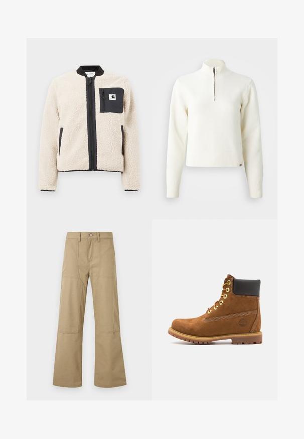 Beige fleecjas met een zwarte rits en zak. Beschikt over een zachte textuur, een geribde kraag en elastische manchetten. Inclusief een logo-opdruk op de borst.; Witte sweater met ritssluiting en lange mouwen. Gemaakt van een zachte gebreide stof, met ribgebreide boorden en een zoom. Subtiele merklogo aan de zoom.; Beige highwaist broek met wijde pijpen, voorzakken met klep, lussen voor een riem en knoopsluiting. Eenvoudige, duurzame stof met zichtbare stiksels.; Bruine suède enkellaars met zwarte gewatteerde kraag, gouden oogjes, vetersluiting aan de voorkant en een rubberen zool met een gestructureerd patroon.