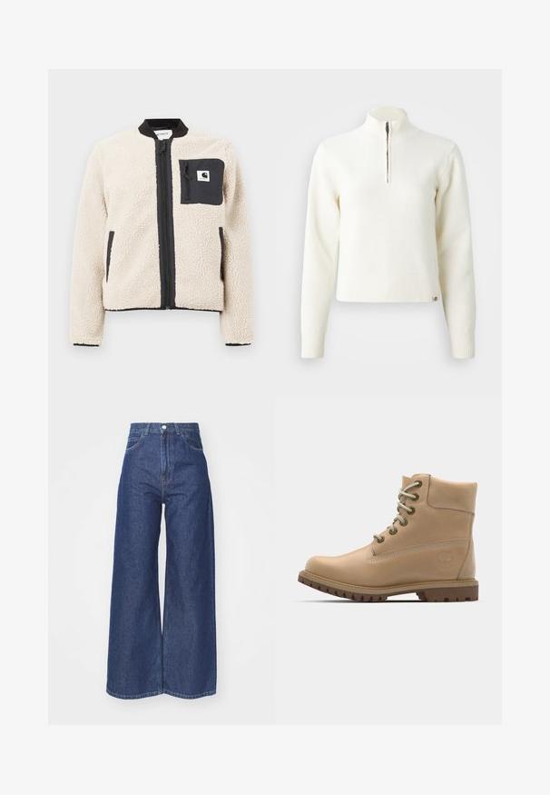 Beige fleecejakke med sort lynlås og lomme. Har en blød tekstur, ribbet krave og elastiske manchetter. Inkluderer en logo-patch på brystet.; Hvid, sweater med lynlås ved halsen og lange ærmer. Lavet af et blødt strikmateriale, med ribbede manchetter og kant. Diskret mærke-logo ved kanten.; Bredde ben jeans lavet af mørkeblå denim. Høj talje med lynlås og knaplukning. Har klassisk fem-lomme stil og omfoldede kanter.; Beige læder ankelstøvle med en rund tå, beige snørebånd og kraftig sål. Har sidesyninger og et cirkulært logo på hælen.