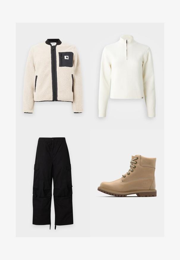 Beige Fleece-Jacke mit einem schwarzen Reißverschluss und Tasche. Sie verfügt über eine weiche Textur, einen gerippten Kragen und elastische Ärmelbündchen. Mit einem Logo-Patch auf der Brust.; Weißer Sweater mit Reißverschluss am Hals und langen Ärmeln. Aus weichem Strickmaterial gefertigt, mit gerippten Bündchen und Saum. Dezentes Markenlogo am Saum.; Schwarze Cargohosen mit elastischem Bund, Knopfverschluss, seitlichen Klappentaschen und weiten, geraden Beinen mit verstellbaren Säumen.; Beige Leder Stiefeletten mit runder Spitze, beigen Schnürsenkeln und robuster Sohle. Mit Seitennähten und einem runden Logo an der Ferse.