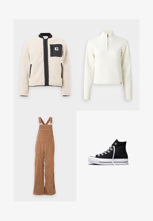 Beige Fleece-Jacke mit einem schwarzen Reißverschluss und Tasche. Sie verfügt über eine weiche Textur, einen gerippten Kragen und elastische Ärmelbündchen. Mit einem Logo-Patch auf der Brust.; Weißer Sweater mit Reißverschluss am Hals und langen Ärmeln. Aus weichem Strickmaterial gefertigt, mit gerippten Bündchen und Saum. Dezentes Markenlogo am Saum.; Braune Corduroy-Latzhosen mit weitem Bein, verstellbaren Trägern und Vordertasche. Weiche Textur mit vertikalem Rippmuster.; Schwarzer High-Top-Canvas-Sneaker mit weißer Gummisohle und weißen Schnürsenkeln, seitlich dargestellt vor weißem Hintergrund.