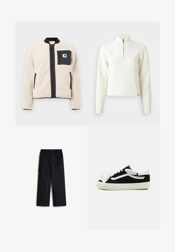 Beige fleecejakke med sort lynlås og lomme. Har en blød tekstur, ribbet krave og elastiske manchetter. Inkluderer en logo-patch på brystet.; Hvid, sweater med lynlås ved halsen og lange ærmer. Lavet af et blødt strikmateriale, med ribbede manchetter og kant. Diskret mærke-logo ved kanten.; Sorte cargo bukser med elastisk talje, justerbart bælte og to sidelommer. Fremstillet af et let, struktureret stof.; Sort lavtop-sneaker med hvid sål, hvid stribe på siden og dekorativt hvidt flæset stof langs tungen og ankleranden.