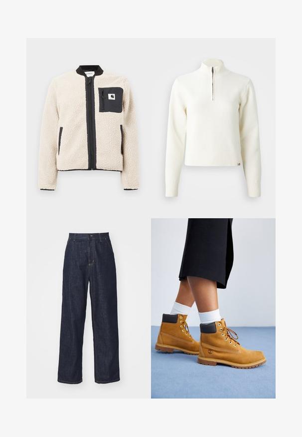 Veste en polaire beige avec une fermeture éclair et une poche noires. Présente une texture douce, un col côtelé et des poignets élastiques. Comprend un patch logo sur la poitrine.; Pull-over blanc à col zippé et manches longues. Fabriqué en matériau tricoté doux, avec des poignets et un ourlet côtelés. Logo de la marque subtil à l'ourlet.; Jeans en denim droit bleu foncé avec passants de ceinture, bouton avant et poches latérales sur fond blanc.; Bottines en suede beige avec des accents en cuir marron, des œillets dorés et une semelle texturée. Chaussettes blanches visibles au-dessus des bottines.