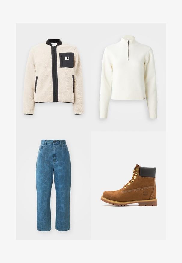 Beige fleecejakke med sort lynlås og lomme. Har en blød tekstur, ribbet krave og elastiske manchetter. Inkluderer en logo-patch på brystet.; Hvid, sweater med lynlås ved halsen og lange ærmer. Lavet af et blødt strikmateriale, med ribbede manchetter og kant. Diskret mærke-logo ved kanten.; Lyseblå denim jeans med en subtil mønstret struktur, høj talje og lige ben. Har en frontlukning med knap og lynlås.; Brun ruskinds ankelstøvle med sort polstret krave, gyldne øjer, snørebånd foran og gummisål med et struktureret mønster.