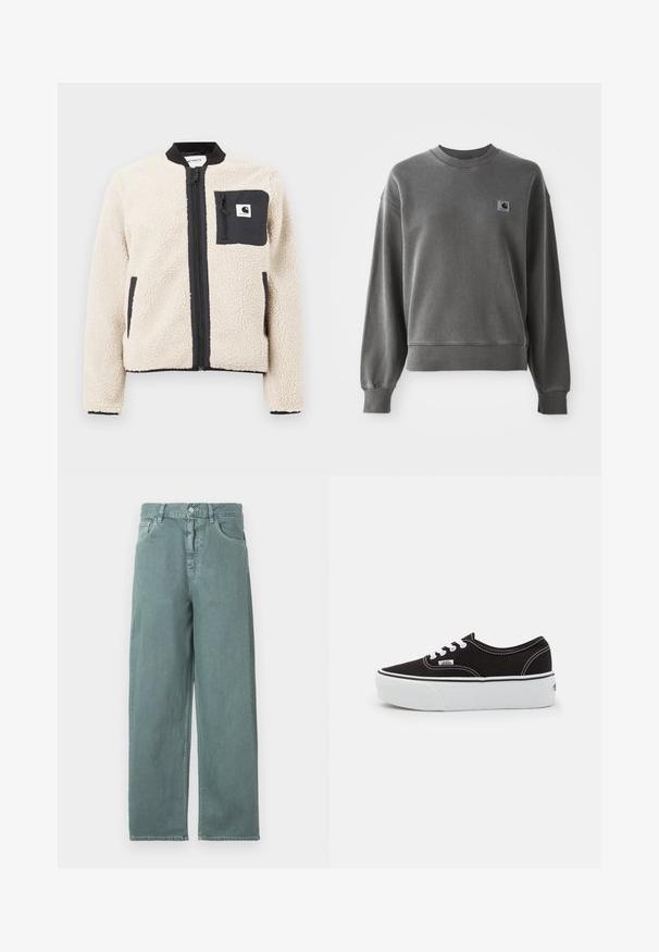 Beige fleecejakke med sort lynlås og lomme. Har en blød tekstur, ribbet krave og elastiske manchetter. Inkluderer en logo-patch på brystet.; Grå pullover sweatshirt lavet af glat bomuldsblanding, med rund hals, ribbede manchetter og et lille logopatch på venstre bryst.; Lys grønne brede jeans med knaplukning, fire lommer og subtile syninger, lavet af et glat bomuldsstof.; Sort lærred sneakers med en hvid gummi platform sål, der har hvide snørebånd og syninger, ikonisk branding på siden, lav-top design.