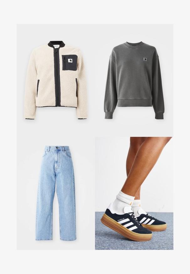 Beige fleecejakke med sort lynlås og lomme. Har en blød tekstur, ribbet krave og elastiske manchetter. Inkluderer en logo-patch på brystet.; Grå pullover sweatshirt lavet af glat bomuldsblanding, med rund hals, ribbede manchetter og et lille logopatch på venstre bryst.; Højhalset lysblå denimjeans med lige vide ben, frontknap, lynlås lukning samt front- og baglommer.; Ben iført hvide sokker og sorte Adidas Gazelle sneakers med hvide striber og tykke brune såler på et gråt tæppe.