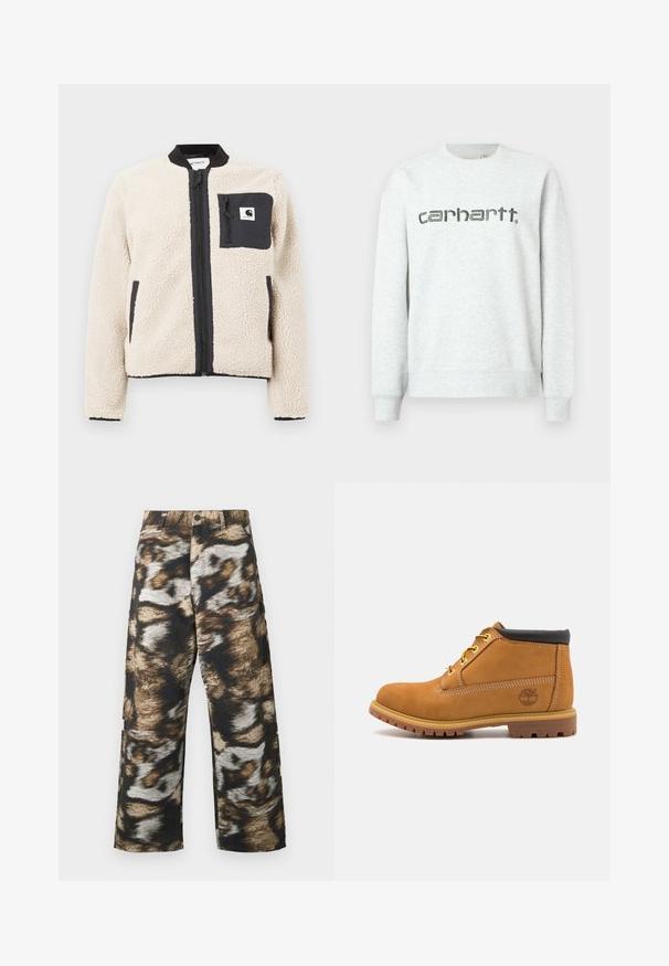 Beige fleecejakke med sort lynlås og lomme. Har en blød tekstur, ribbet krave og elastiske manchetter. Inkluderer en logo-patch på brystet.; Lys grå sweatshirt med rund halsudskæring, ribbede manchetter og kant. Har "carhartt." logoet trykt i mørkegrå over fronten.; Viddebenede bukser med et fedt, abstrakt mønster i sort, brun og creme. Fremstillet af tekstureret stof med høj talje.; Brune ruskinds ankelstøvle med sort polstret krave, gule snørehuller og struktureret gummisål. Har et printet logo på siden.