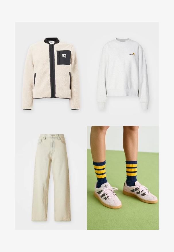 Beige Fleece-Jacke mit einem schwarzen Reißverschluss und Tasche. Sie verfügt über eine weiche Textur, einen gerippten Kragen und elastische Ärmelbündchen. Mit einem Logo-Patch auf der Brust.; Grauer Rundhalsausschnitt-Pullover aus weichem Material mit gerippten Bündchen und Saum; mit gesticktem Logo auf der Brust in Gelb und Kastanienbraun.; Weite Jeans aus Denim in einem hellbeigen Farbton, mit vorderen Taschen, hoher Taille und dezenten Nähdetails. Hergestellt aus strukturiertem Denim-Stoff.; Helle rosa Wildledersneaker mit schwarzen Streifen und Gummisohlen, kombiniert mit navyblauen und gelben gestreiften Rippsocken. Grüner strukturierter Boden.