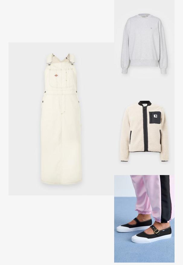 Beige Fleece-Jacke mit einem schwarzen Reißverschluss und Tasche. Sie verfügt über eine weiche Textur, einen gerippten Kragen und elastische Ärmelbündchen. Mit einem Logo-Patch auf der Brust.; Carhartt WIP CASEY - Sweatshirt - ash heather/silver; Hellbeige Denim-Latzkleid mit verstellbaren Trägern, Fronttasche und Metallbeschlägen. Langes Silhouette mit genähten Details.; Schwarze Leinenschuhe mit einer weißen Sohle, die ein Ausschnittdesign und einen goldenen Schnallenriegel aufweisen. Getragen mit rosa Sporthosen.