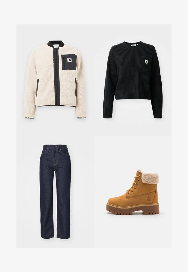 Beige fleecejakke med sort lynlås og lomme. Har en blød tekstur, ribbet krave og elastiske manchetter. Inkluderer en logo-patch på brystet.; Sort ribbenstrikket sweater med rund hals, lange ærmer og en frontlomme med et lille logo patch. Forkortet længde.; Mørkeblå denim højtaljede jeans med lige ben, synlig syning, fem lommer og lukning med knap foran.; Tan ruskindsstøvle med en kunstig pelskrave, gyldne øjer og en kontrasterende gummisål. Har et logo på siden og struktureret sål.