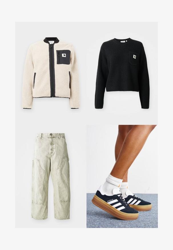 Beige fleecejakke med sort lynlås og lomme. Har en blød tekstur, ribbet krave og elastiske manchetter. Inkluderer en logo-patch på brystet.; Sort ribbenstrikket sweater med rund hals, lange ærmer og en frontlomme med et lille logo patch. Forkortet længde.; Lys grønne capribukser i cargo-stil lavet af denim, med store sidelommer, knap- og lynlåslukning samt synlige syninger.; Ben iført hvide sokker og sorte Adidas Gazelle sneakers med hvide striber og tykke brune såler på et gråt tæppe.