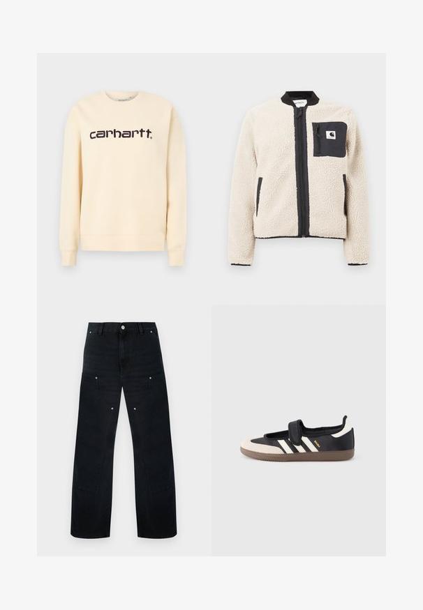 Veste en polaire beige avec une fermeture éclair et une poche noires. Présente une texture douce, un col côtelé et des poignets élastiques. Comprend un patch logo sur la poitrine.; Sweat-shirt beige Carhartt à col rond avec manches longues et logo "carhartt" noir centré sur la poitrine.; Pantalon en denim noir à jambes larges avec une taille haute, présentant des coutures discrètes, deux poches avant et des accents de ferrures métalliques.; Baskets noires et beiges avec une bride en velcro, trois bandes blanches sur le côté, et une semelle en caoutchouc marron texturée. Logo de la marque visible.