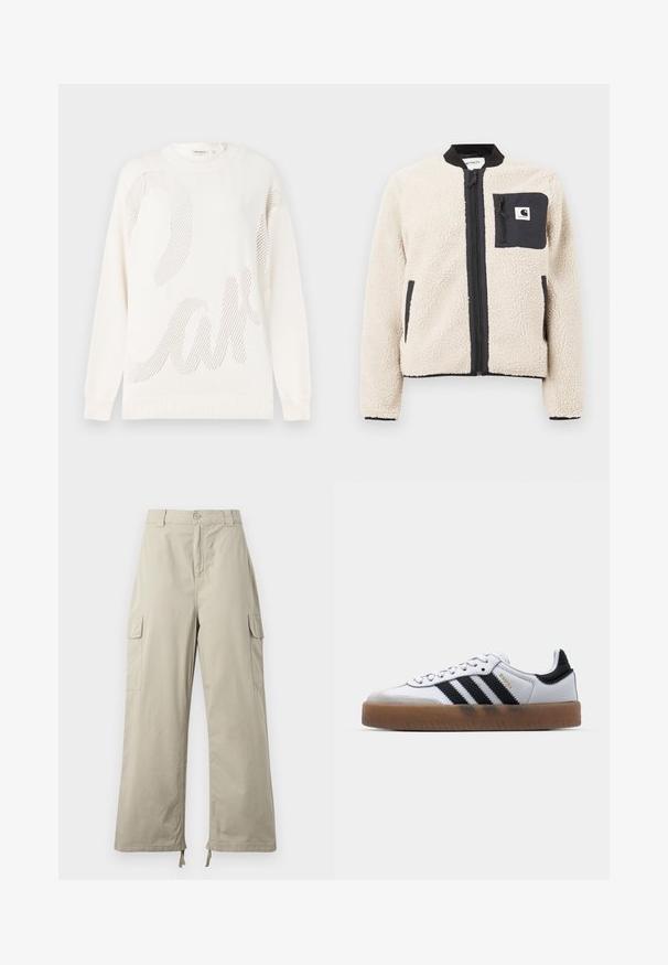 Veste en polaire beige avec une fermeture éclair et une poche noires. Présente une texture douce, un col côtelé et des poignets élastiques. Comprend un patch logo sur la poitrine.; Pull en maille blanche avec un grand motif en mesh ressemblant au mot "gâteau". Encolure et poignets côtelés ; texture douce.; Pantalons cargo beige clair avec une coupe décontractée, dotés d'une fermeture à bouton, de poches latérales et d'un ourlet ajustable avec des liens. Texture de tissu lisse.; Baskets en cuir blanc avec des rayures noires, semelle extérieure en caoutchouc beige, bout rond, fermeture lacée et embout en suède gris doux.