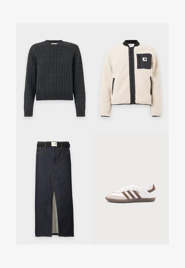 Veste en polaire beige avec une fermeture éclair et une poche noires. Présente une texture douce, un col côtelé et des poignets élastiques. Comprend un patch logo sur la poitrine.; Pull en maille torsadée gris foncé avec manches longues, poignets, ourlet et col rond côtelés, présenté sur un fond uni.; Jupe midi en denim bleu foncé avec une fente frontale. Dotée de coutures jaunes et d'une ceinture noire avec une boucle argentée. Design simple et droit.; Baskets Adidas Samba blanches avec des bandes en daim marron, semelle en caoutchouc marron et bout en daim beige, vues du côté extérieur sur un fond uni.