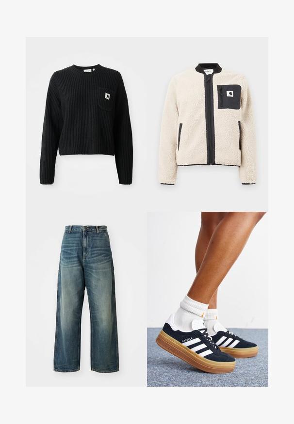 Veste en polaire beige avec une fermeture éclair et une poche noires. Présente une texture douce, un col côtelé et des poignets élastiques. Comprend un patch logo sur la poitrine.; Pull en maille côtelée noir avec un col rond, des manches longues et une poche avant arborant un petit patch logo. Longueur cropped.; Jean en denim à jambes larges en délavé bleu. Présente une fermeture à bouton, cinq poches et des coutures visibles. Le matériau a une texture lisse.; Jambes portant des chaussettes blanches et des baskets Adidas Gazelle noires avec des bandes blanches et des semelles épaisses marron sur un sol recouvert de moquette grise.