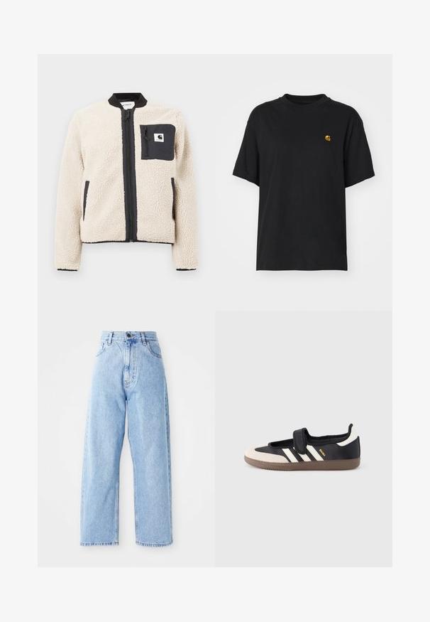 Beige fleecjas met een zwarte rits en zak. Beschikt over een zachte textuur, een geribde kraag en elastische manchetten. Inclusief een logo-opdruk op de borst.; Zwarte katoenen t-shirt met een relaxte pasvorm. Heeft een ronde hals en korte mouwen. Bevat een klein goud geborduurd logo op de borst.; Hogewaisted lichtblauwe denim jeans met rechte wijde pijpen, voorste knoop, ritssluiting en voor- en achterkant zakken.; Zwart-beige sneaker met een klittenbandsluiting, drie witte strepen aan de zijkant en een getextureerde bruine rubberen zool. Merkembleem zichtbaar.